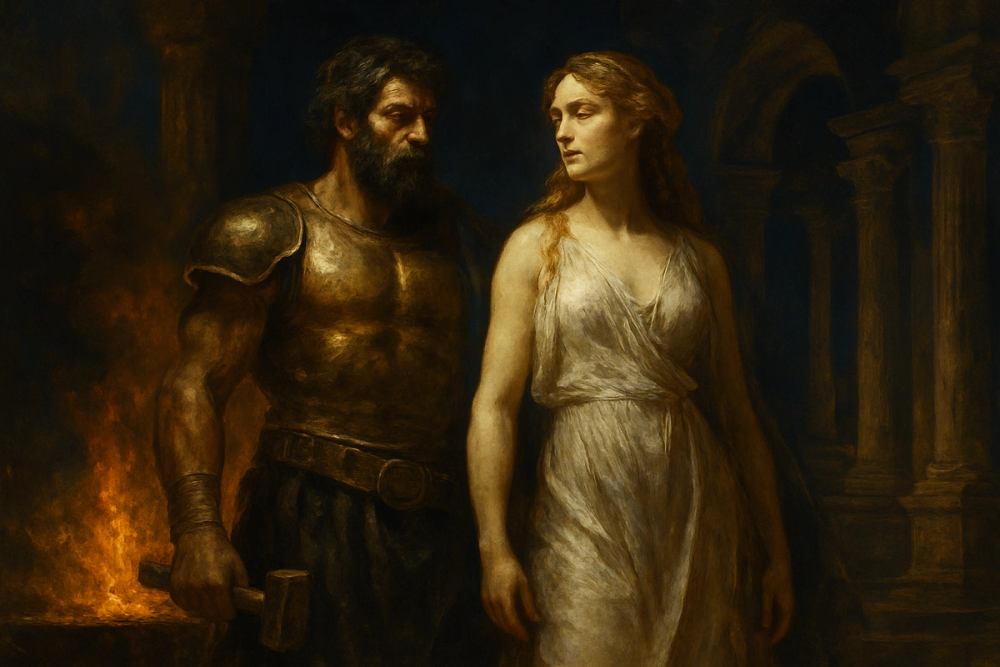 Hephaestus and Aphrodite standing together on Olympus