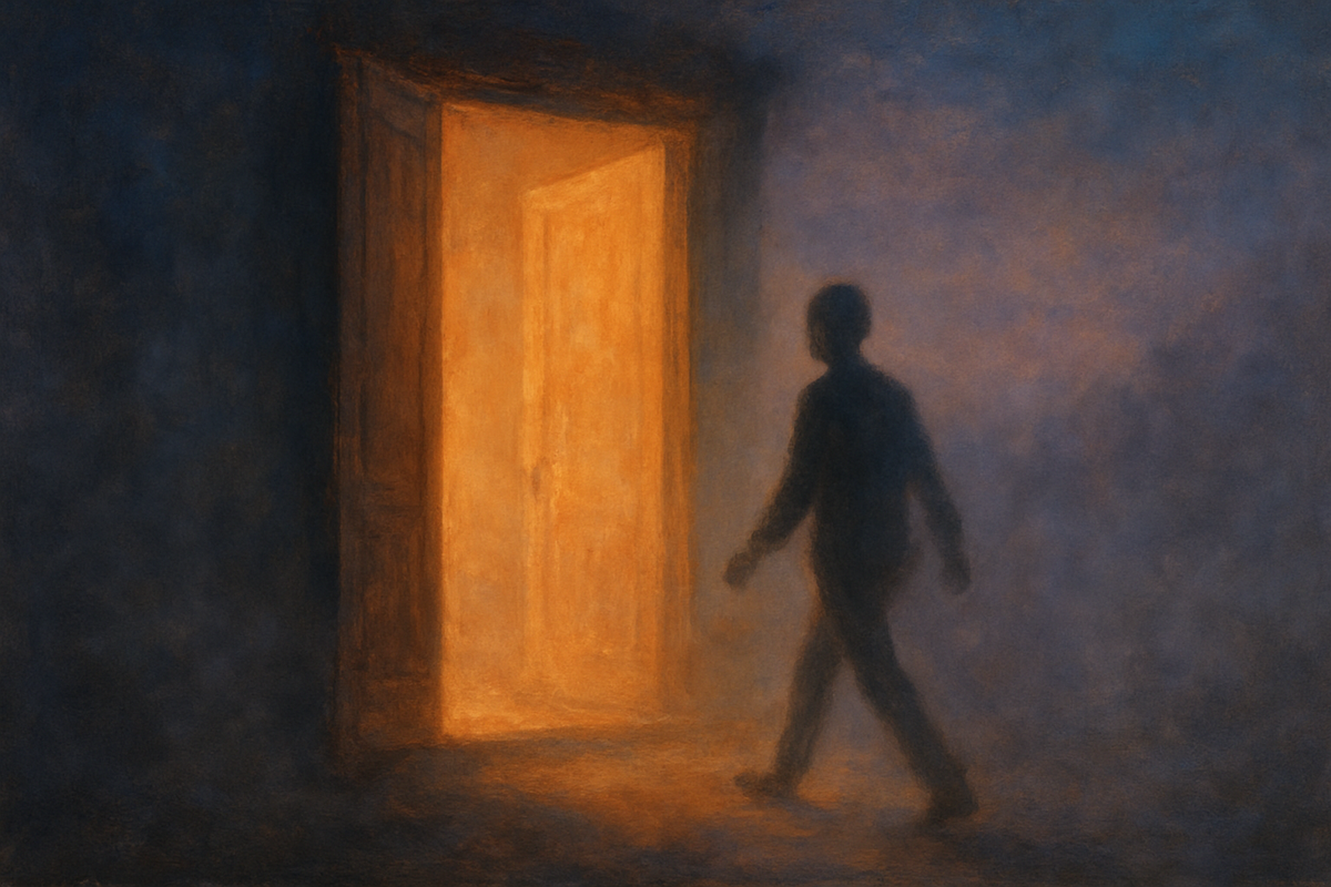 A silhouette stepping through a glowing doorway at twilight