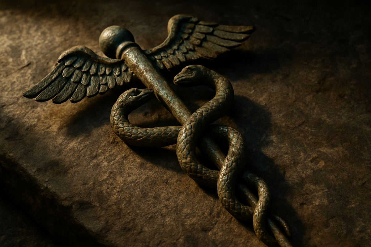 Ancient bronze caduceus staff with two serpents and wings resting on stone