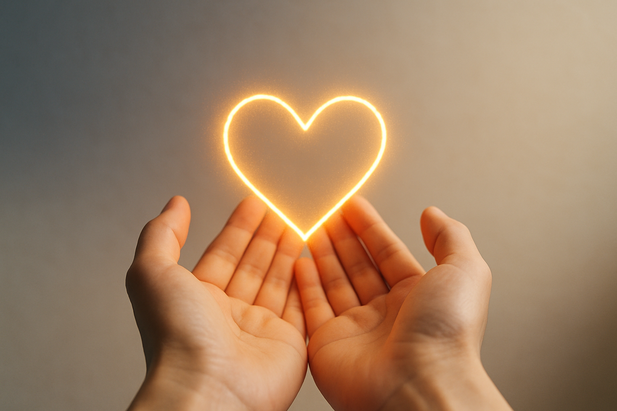 Hands cupping a glowing heart symbolizing kindness and compassion