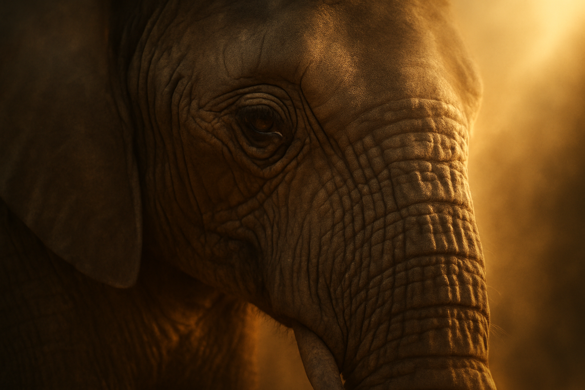 Close-up of an elephant's eye reflecting warm golden light