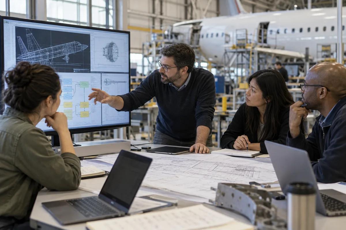 Engineering colleagues reviewing software, aircraft requirements and development plans together