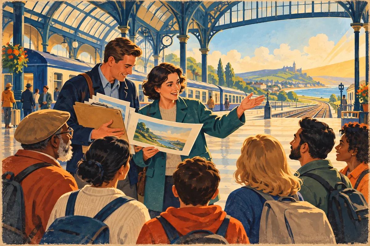 Vintage railway poster illustration of people sharing reliable safety knowledge with human oversight
