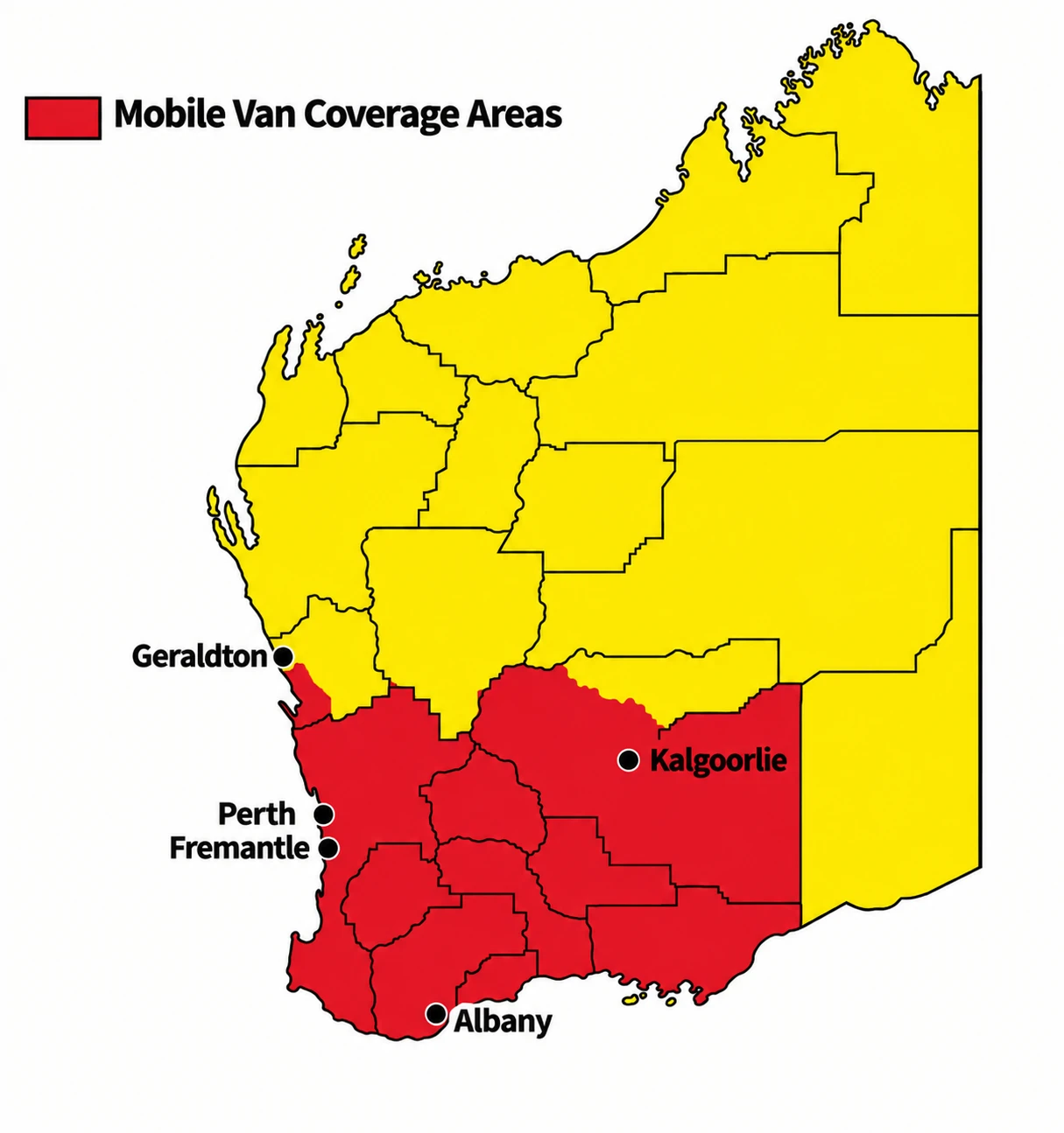 map of hytorc mobile van coverage areas western australia Perth Region Fremantle Geraldton Albany Kalgoorlie 