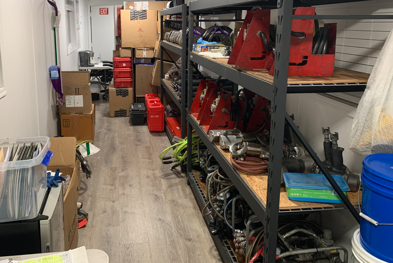 The interior of the HYTORC on-site equipment storage, featuring low-clearance hydraulic tools, lightweight pneumatic tools, and more.