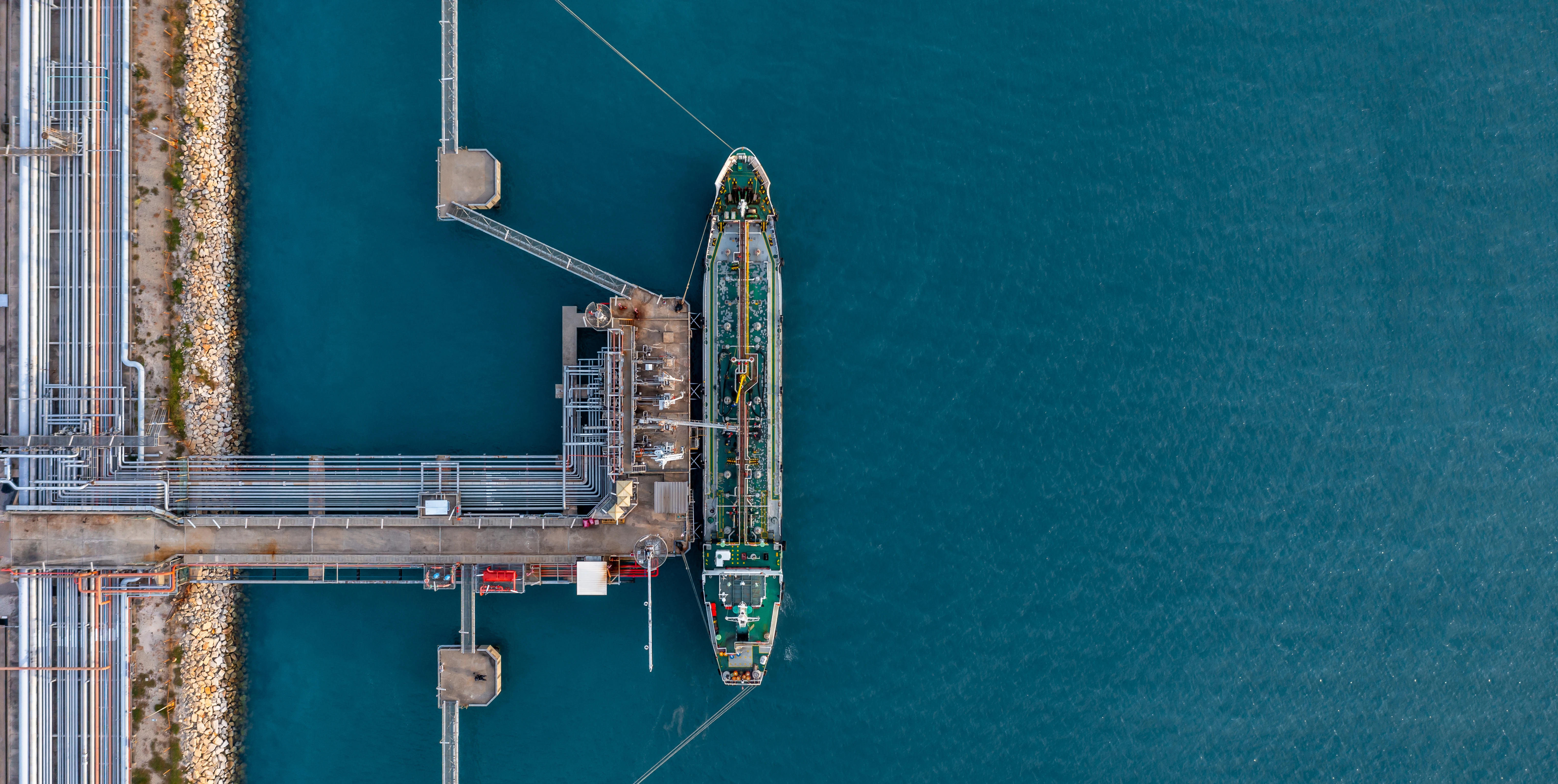 aerial view of docked oil tanker