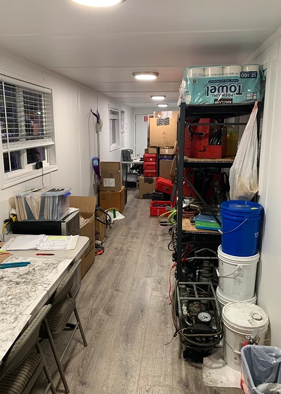 The interior of the HYTORC on-site equipment storage, featuring low-clearance hydraulic tools, lightweight pneumatic tools, and more.