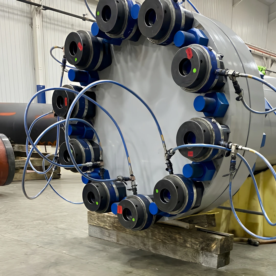 tensioners tensioning on a large flange with hoses