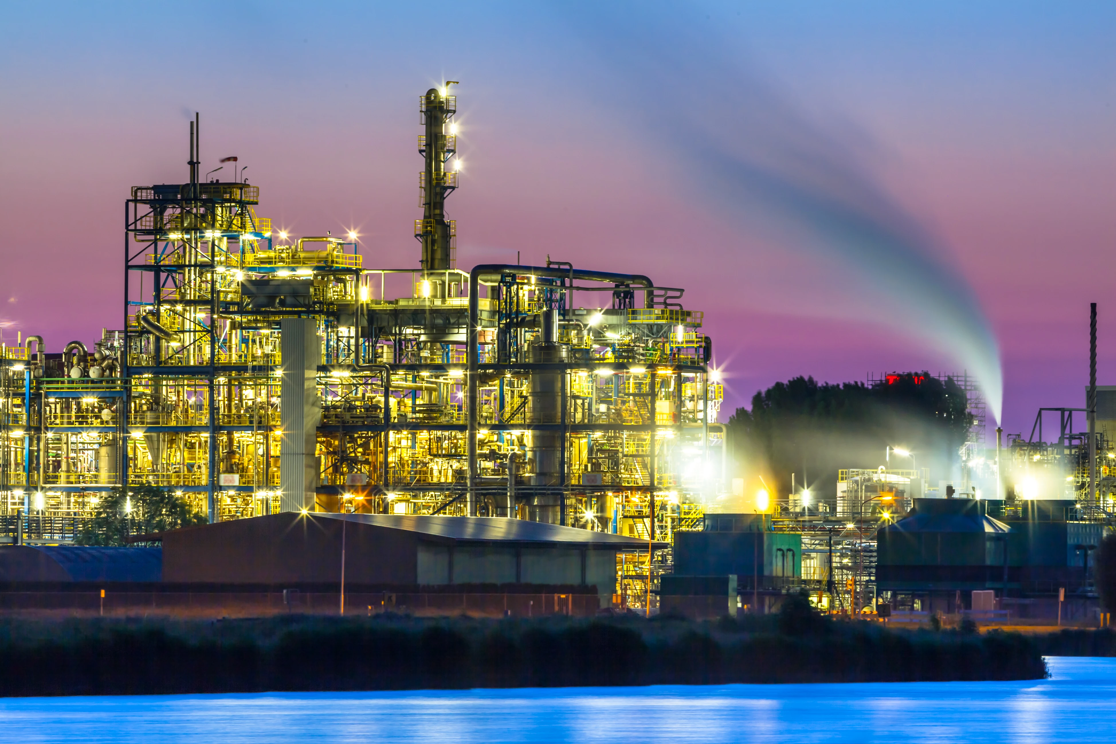 petrochem plant at night on water