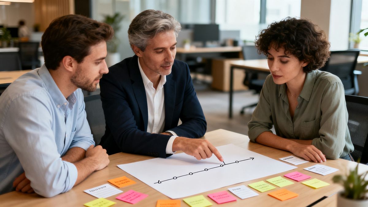 B2B sales team planning how many times to follow up with a prospect using paper task cards and a timeline on a table