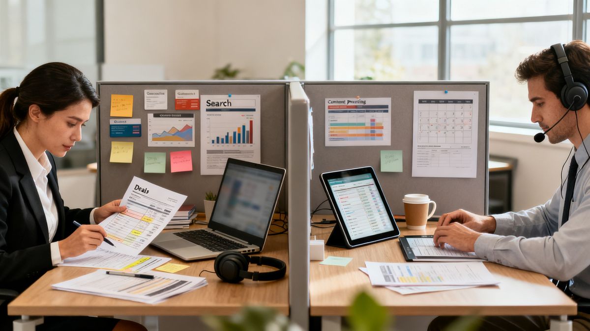 Two sales reps side-by-side comparing deal progression work and prospecting workflows — hubspot smart deal progression vs prospecting agent