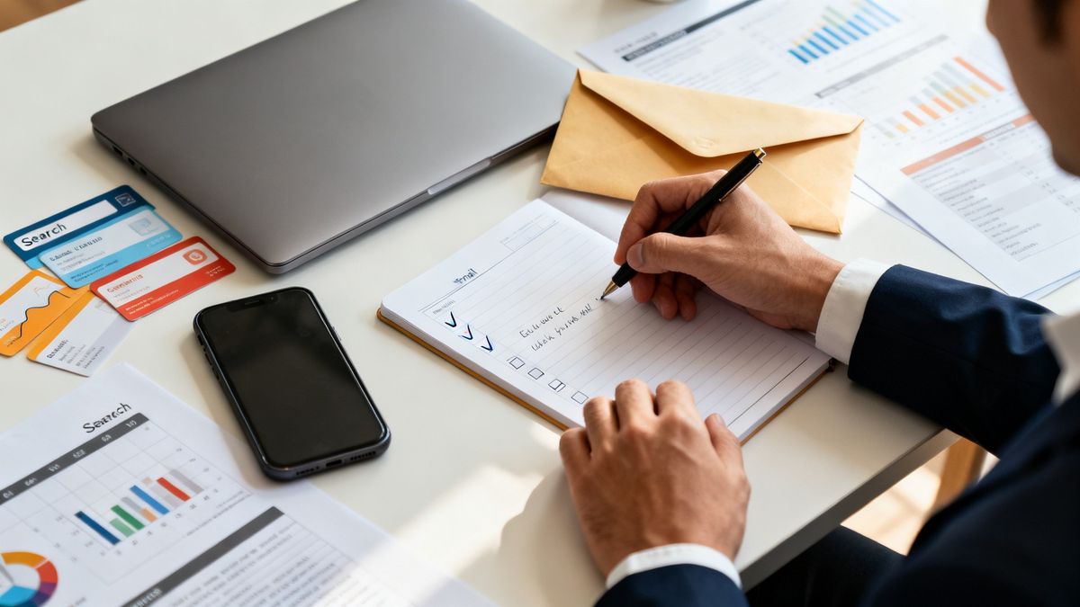 B2B sales rep checking off a follow-up task on a desk planner with an envelope nearby — HubSpot task to email automation