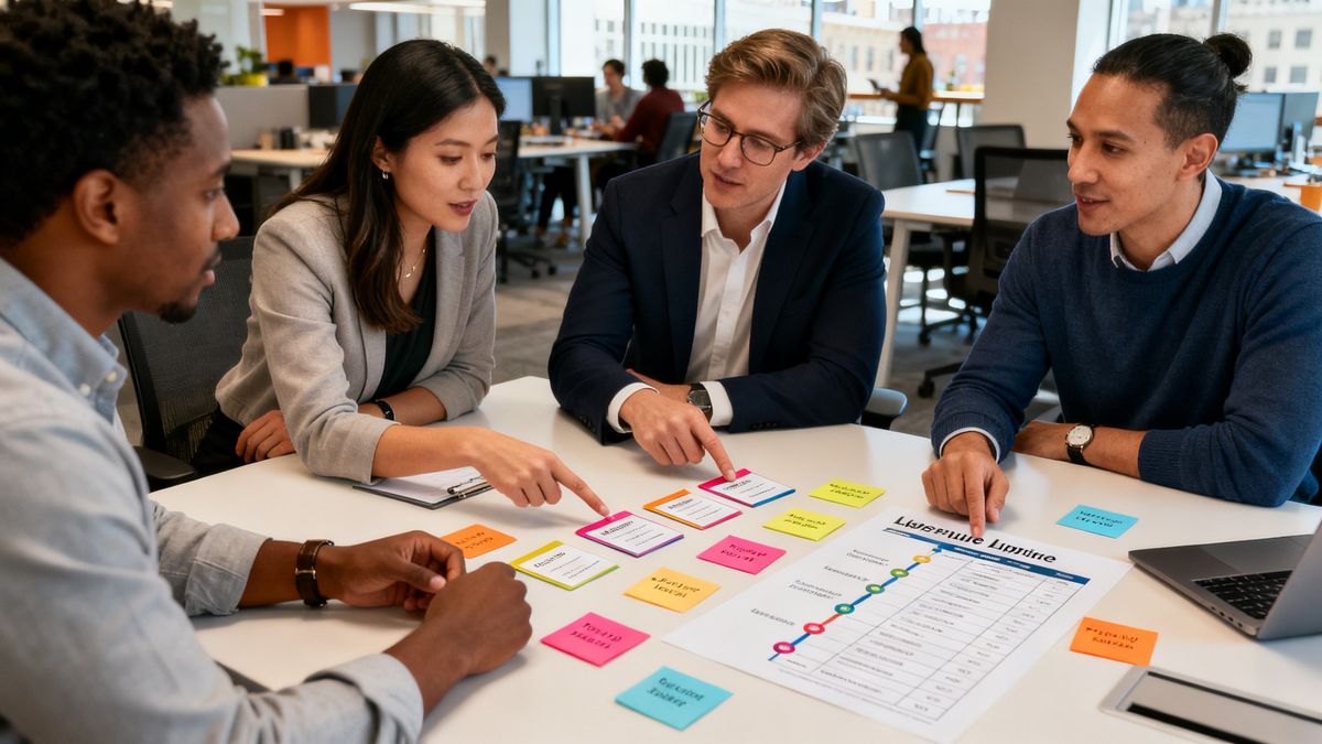 B2B SaaS sales team reviewing follow-up task cards in a San Francisco office — sales follow-up management for saas