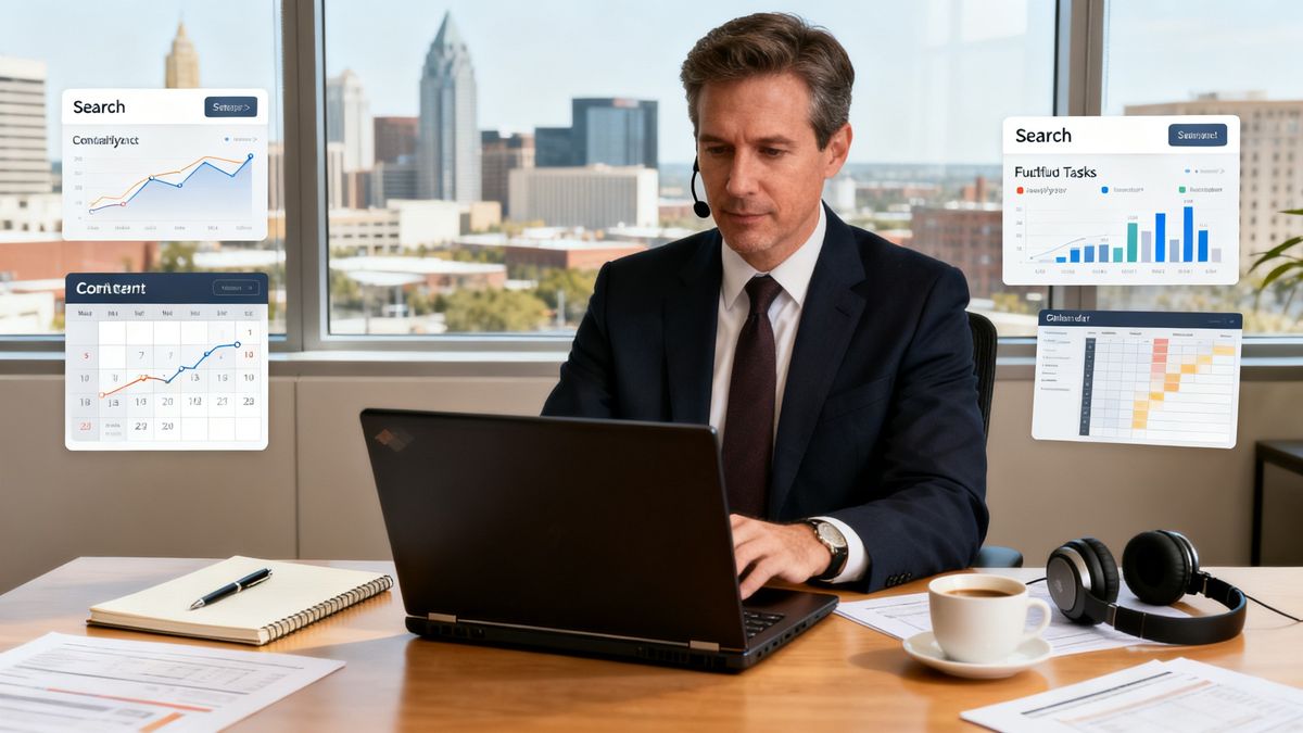 Sales representative reviewing follow-up tasks on a laptop in a modern sales office — hubspot create follow up task after email