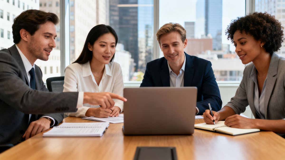 B2B sales team collaborating in a modern office while planning HubSpot task automation follow-ups