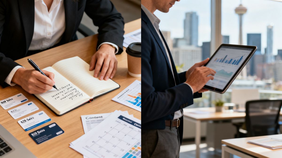Split image of a sales rep writing follow-up notes and a manager reviewing automated workflows in a Seattle office — illustrating prospect follow up automation