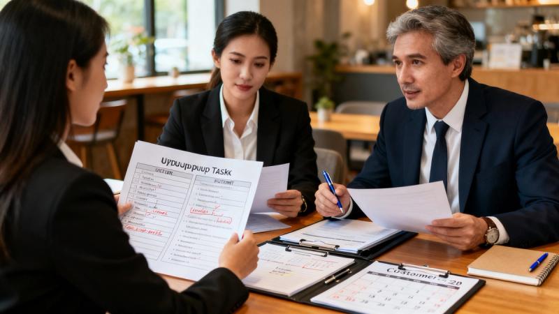 B2B sales team reviewing printed follow-up task lists in an office — hubspot follow-up automation