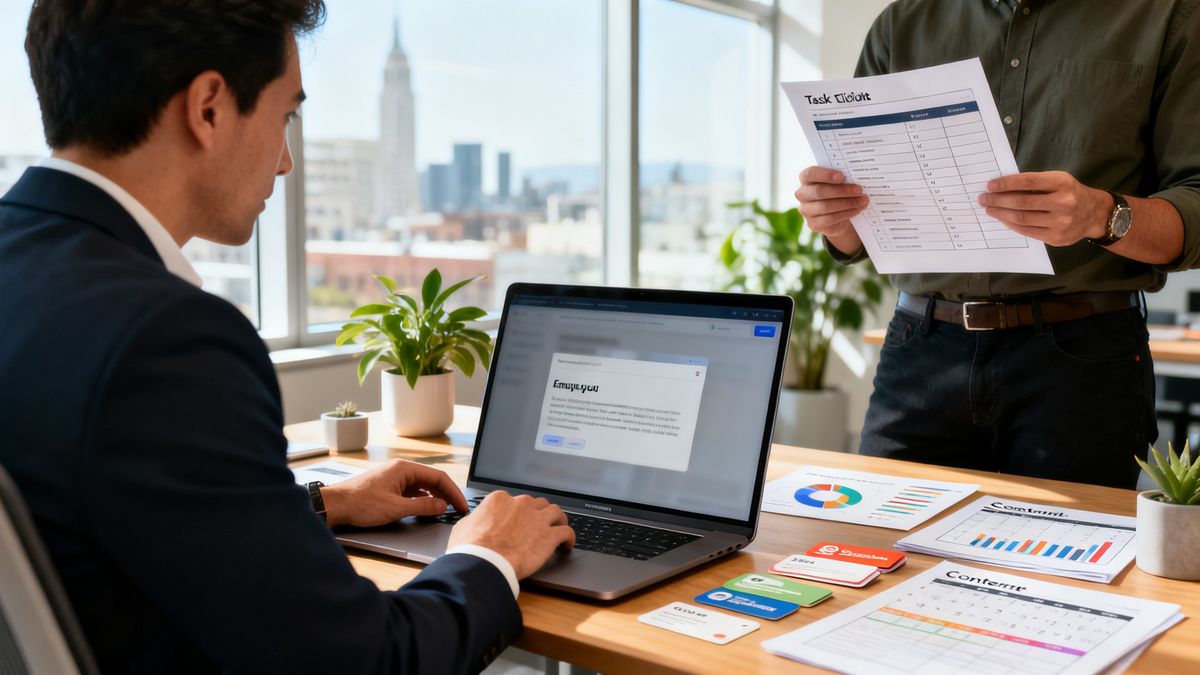 Sales representative reviewing an AI-generated follow-up email on a laptop in a modern office — illustrating hubspot follow up after no response