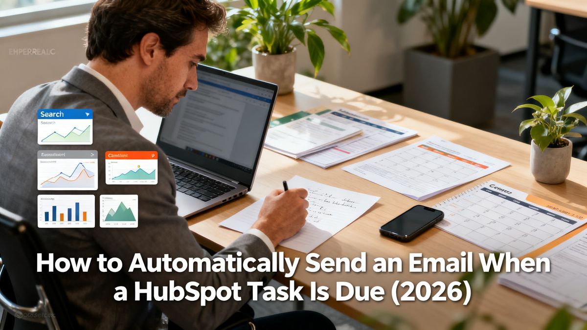 B2B sales representative preparing follow-up emails at a desk in a modern office — hubspot send email when task is due