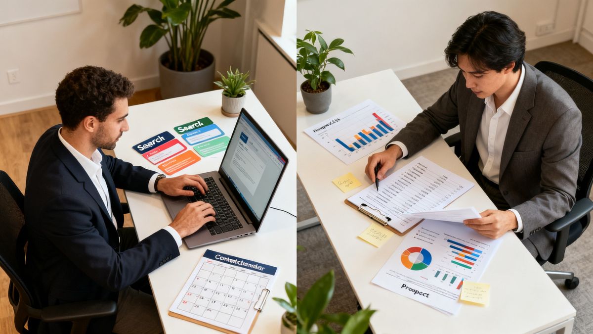 Two sales reps compare HubSpot Prospecting Agent vs Sequences in a modern office setting