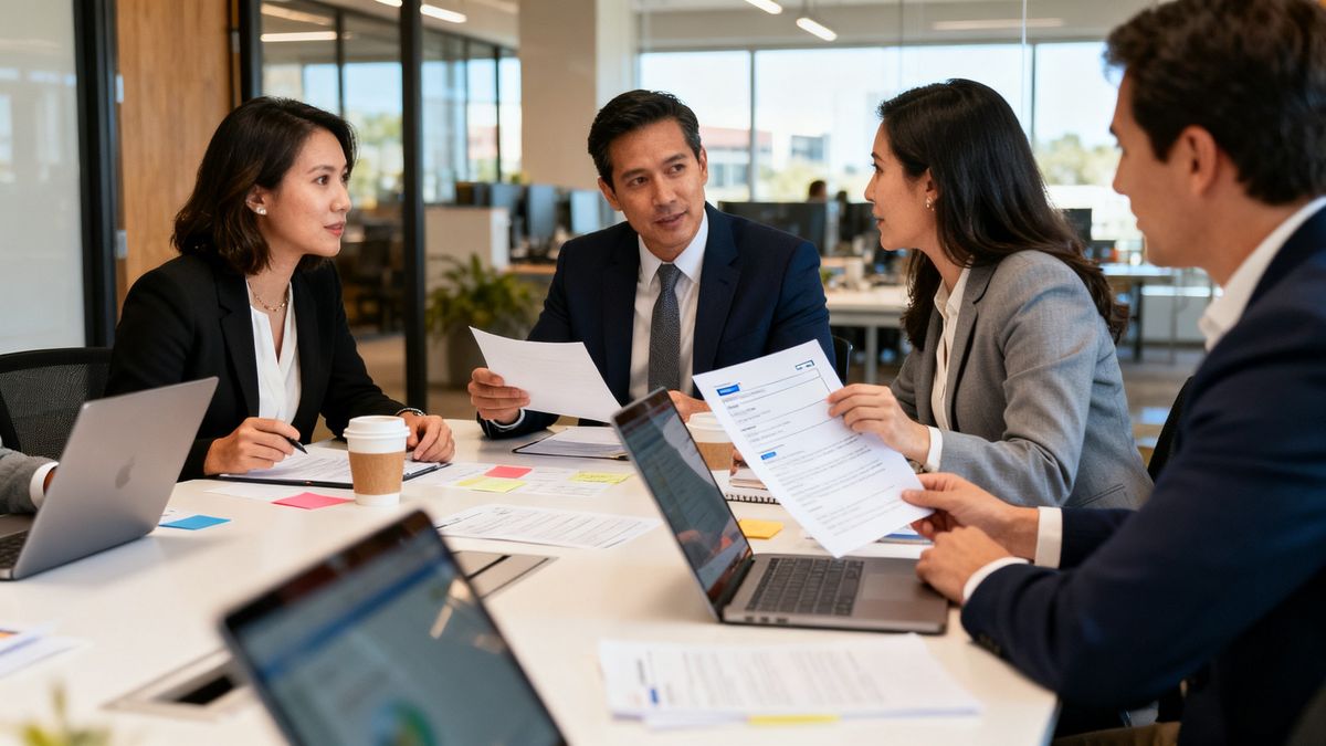 B2B sales team in a modern Austin office discussing AI sales follow-up and personalized follow-up emails