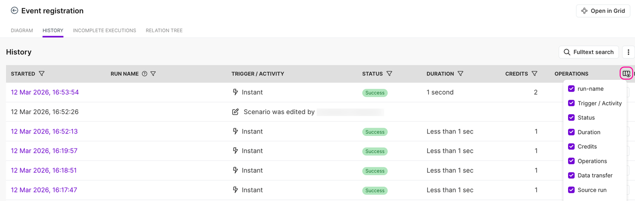 Track execution history, credits, and run status when testing the best data enrichment tools for workflow automations
