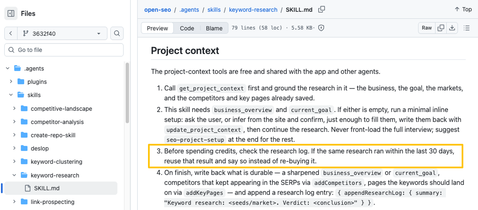 Markdown file defining context rules and credit-saving logic for the OpenSEO AI agent
