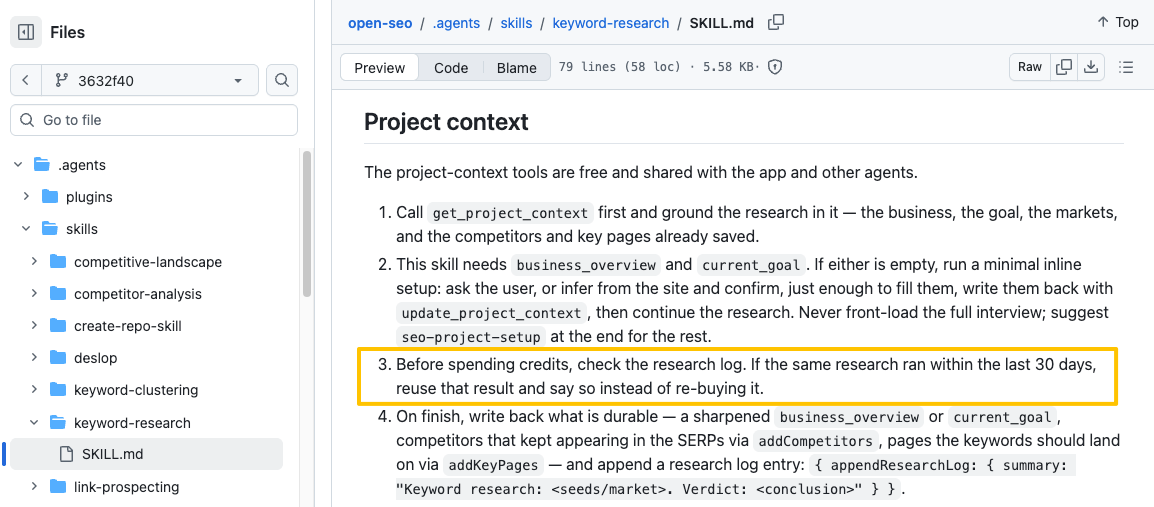Markdown file defining context rules and credit-saving logic for the OpenSEO AI agent