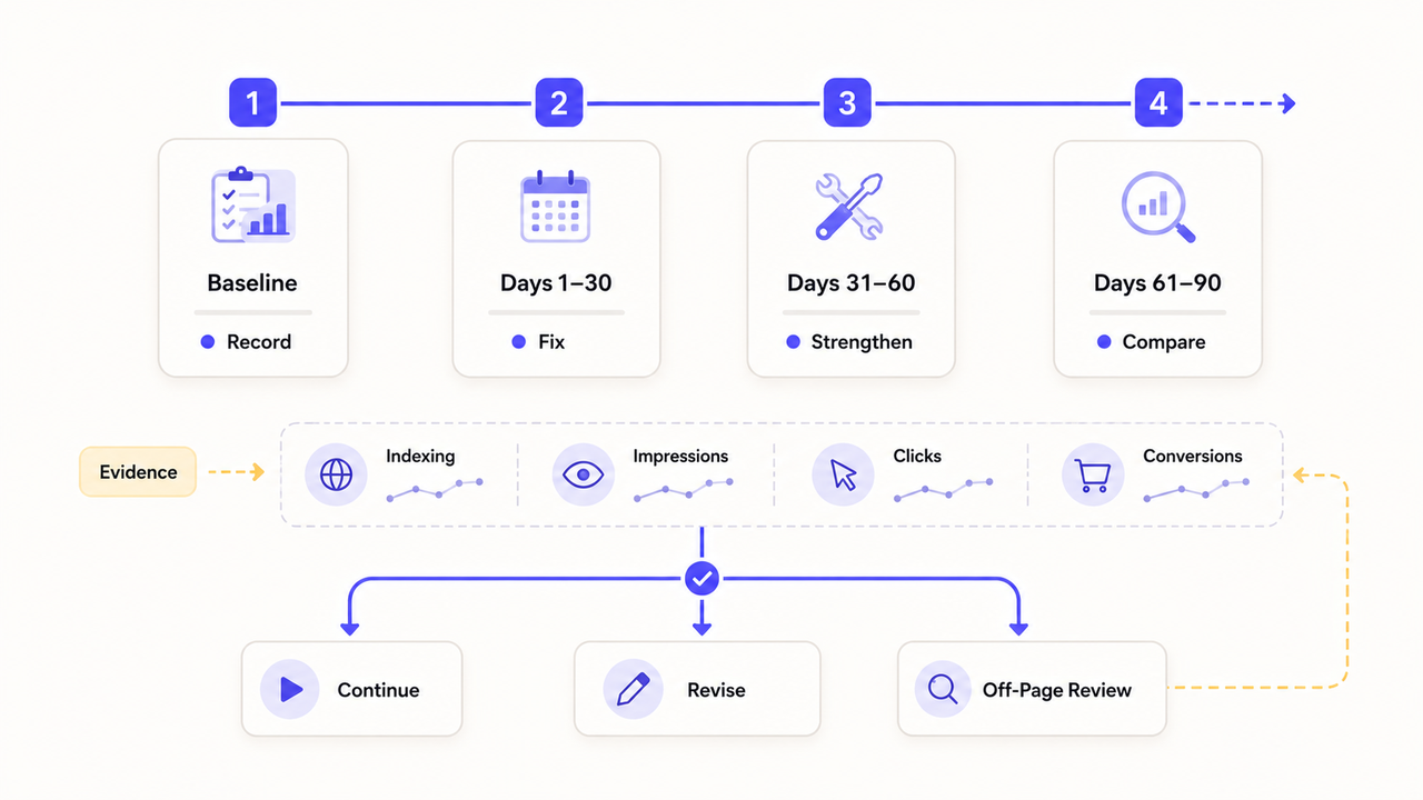 Monitoring and optimization process chart with four stages, showing performance evidence to guide decisions in a link-free strategy.