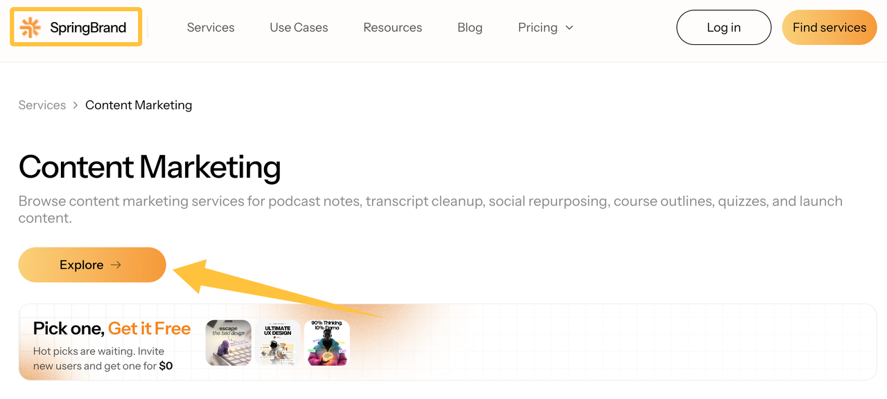 Website homepage highlighting scalable content creation services for podcasts, blogs, and social media repurposing.