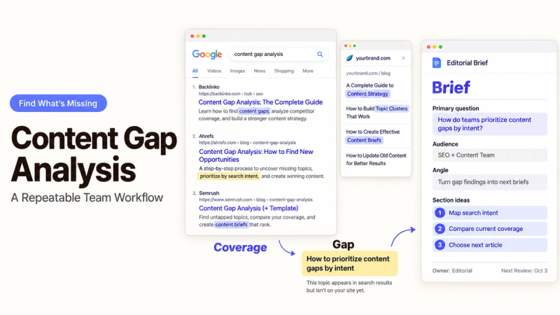 A content gap analysis workflow helps teams find missing topics and prioritize new articles based on search intent.