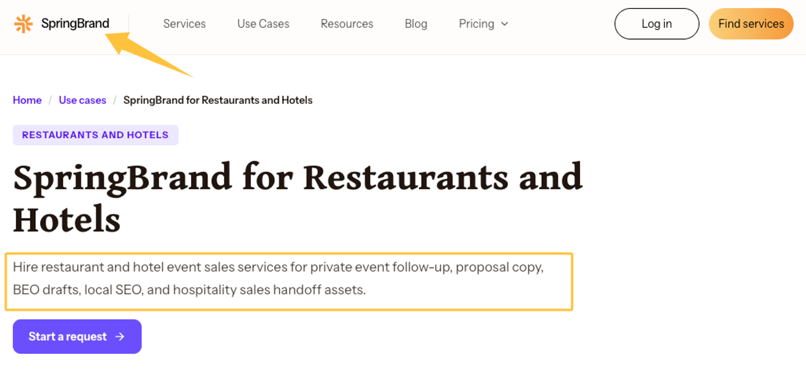 SpringBrand website page highlighting professional services, including BEO drafts and local SEO for hotels success.