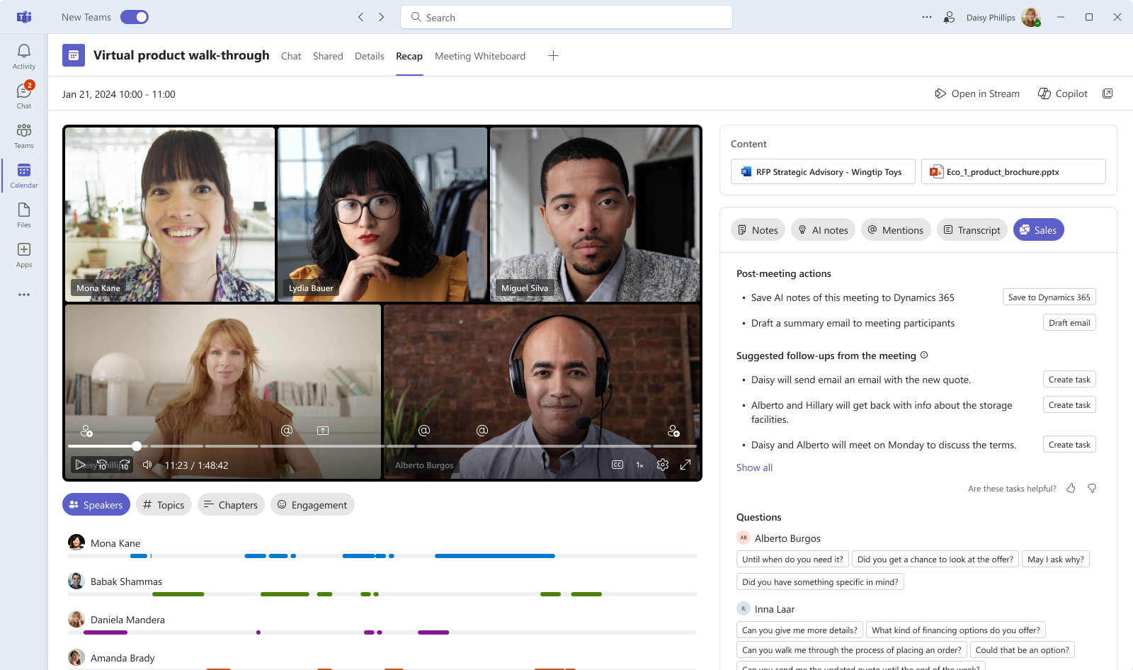 Virtual meeting dashboard where an ai sales assistant provides real-time notes, suggested follow-ups, and task actions.