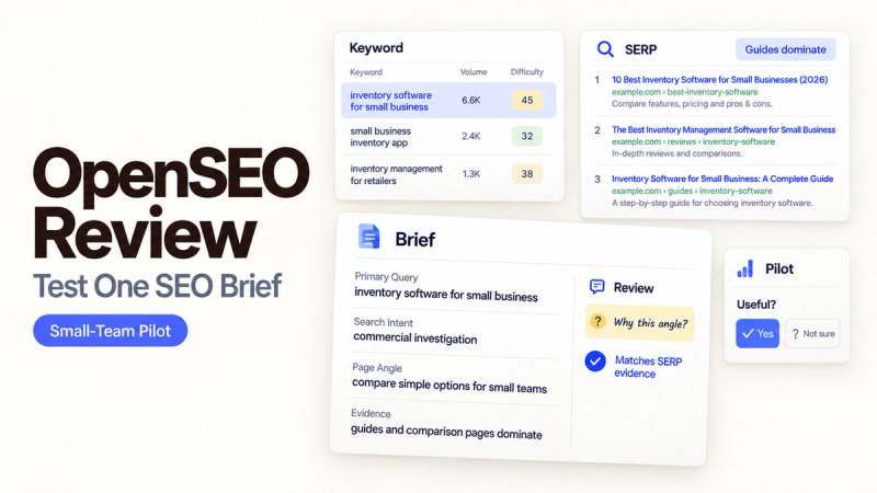 OpenSEO review interface showing an automated content brief validated against real-time SERP data and competitive analysis.