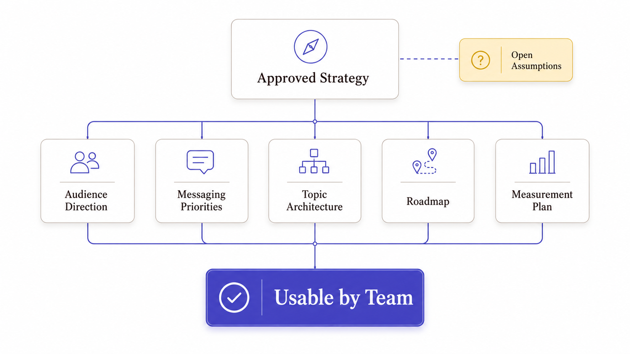 Approved content strategy services: linking strategic decisions (audience, roadmap) to direct team use and content creation.