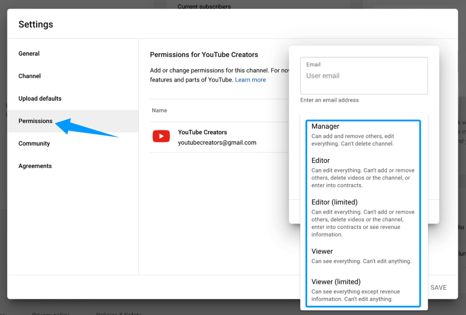 YouTube permission settings menu demonstrating how to manage multiple social media accounts with varied user roles.