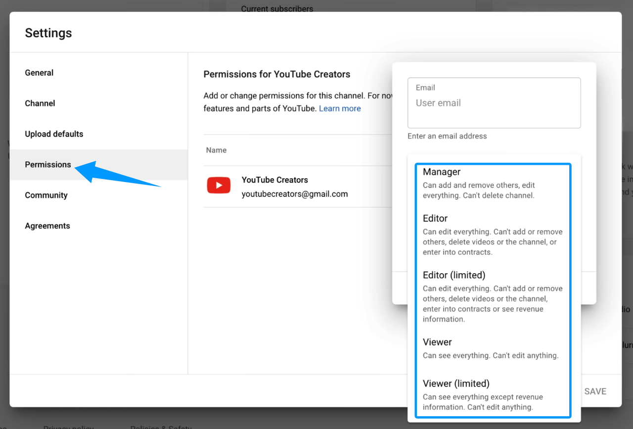 YouTube permission settings menu demonstrating how to manage multiple social media accounts with varied user roles.