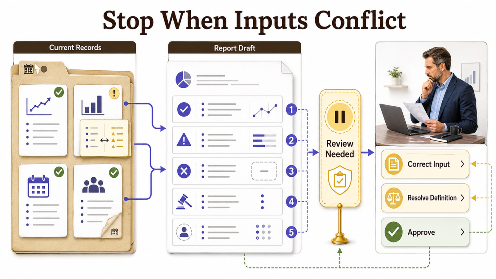 Workflow diagram detailing a specific Claude Code recipe for small businesses on handling input conflicts with user review.