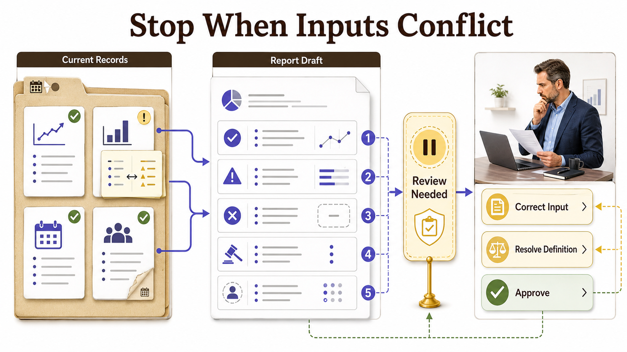 Workflow diagram detailing a specific Claude Code recipe for small businesses on handling input conflicts with user review.