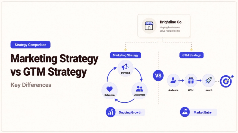 A visual guide showing the marketing strategy vs gtm strategy difference, focusing on ongoing growth versus market entry.