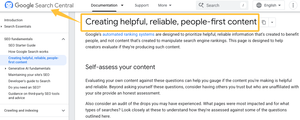 Screenshot of Google Search Central emphasizing people-first content, guided by a manufacturing seo agency.