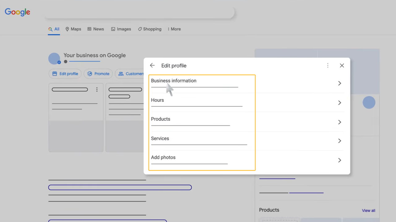 Screenshot of Google Business Profile dashboard showing how to edit dental clinic information for effective local SEO.