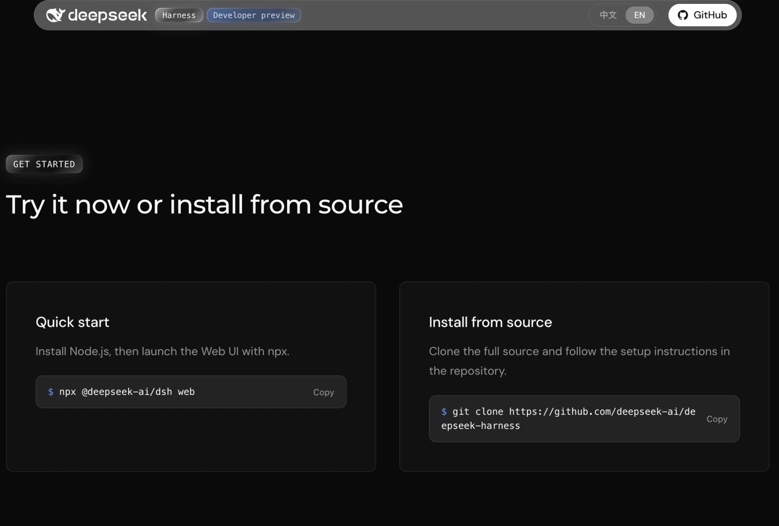 Installation options showing how much does deepseek harness cost to start via npx or source code.