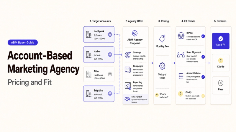An account based marketing agency pricing and fit framework flowchart illustrating target accounts.