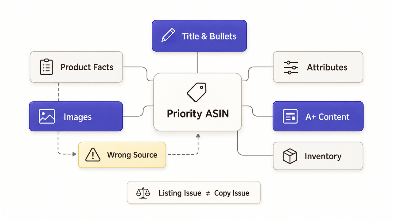 Flowchart illustrating how professional Amazon SEO services prioritize ASIN attributes like titles, images, and A+ content.