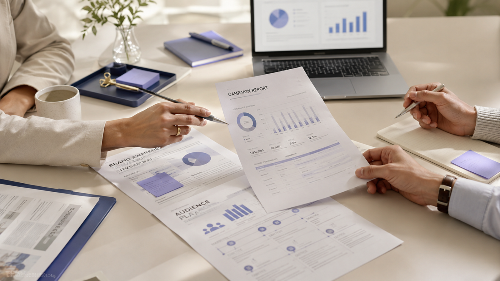 Marketers reviewing a printed campaign report on a desk to evaluate their reach vs brand awareness marketing strategies.