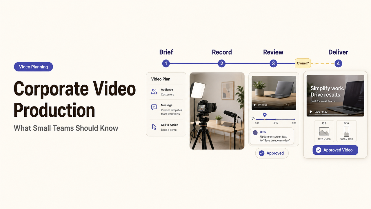 A four-step corporate video production workflow showing brief, record, review, and deliver phases for small teams.