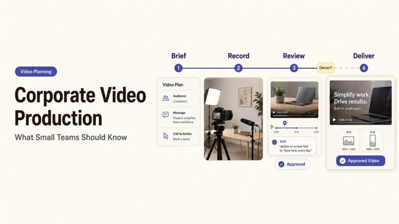 A four-step corporate video production workflow showing brief, record, review, and deliver phases for small teams.