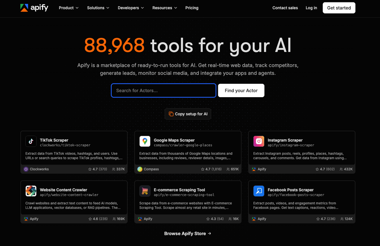 Apify is a marketplace offering over 88,000 ready-to-run best web scraping tools and scrapers for AI development.
