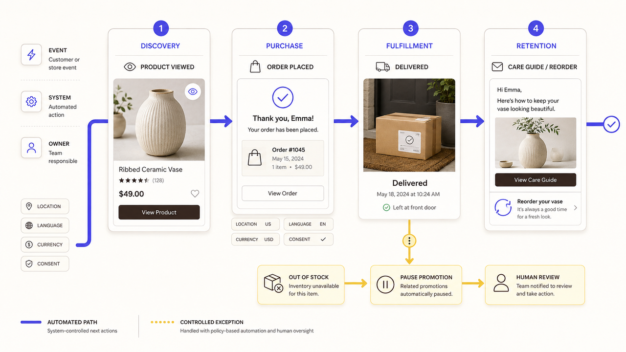 Customer journey map detailing ecommerce marketing automation steps across discovery, purchase, and retention.